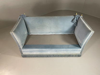 Vintage 2 Seater Knole Sofa Danish Blue Velvet Velour 1950s Tassles Trim EB06007
