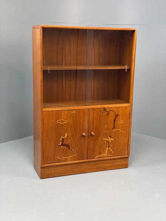 Vintage 1950s Walnut Bookcase Marquetry Art Deco Style Glass Doors EB10961