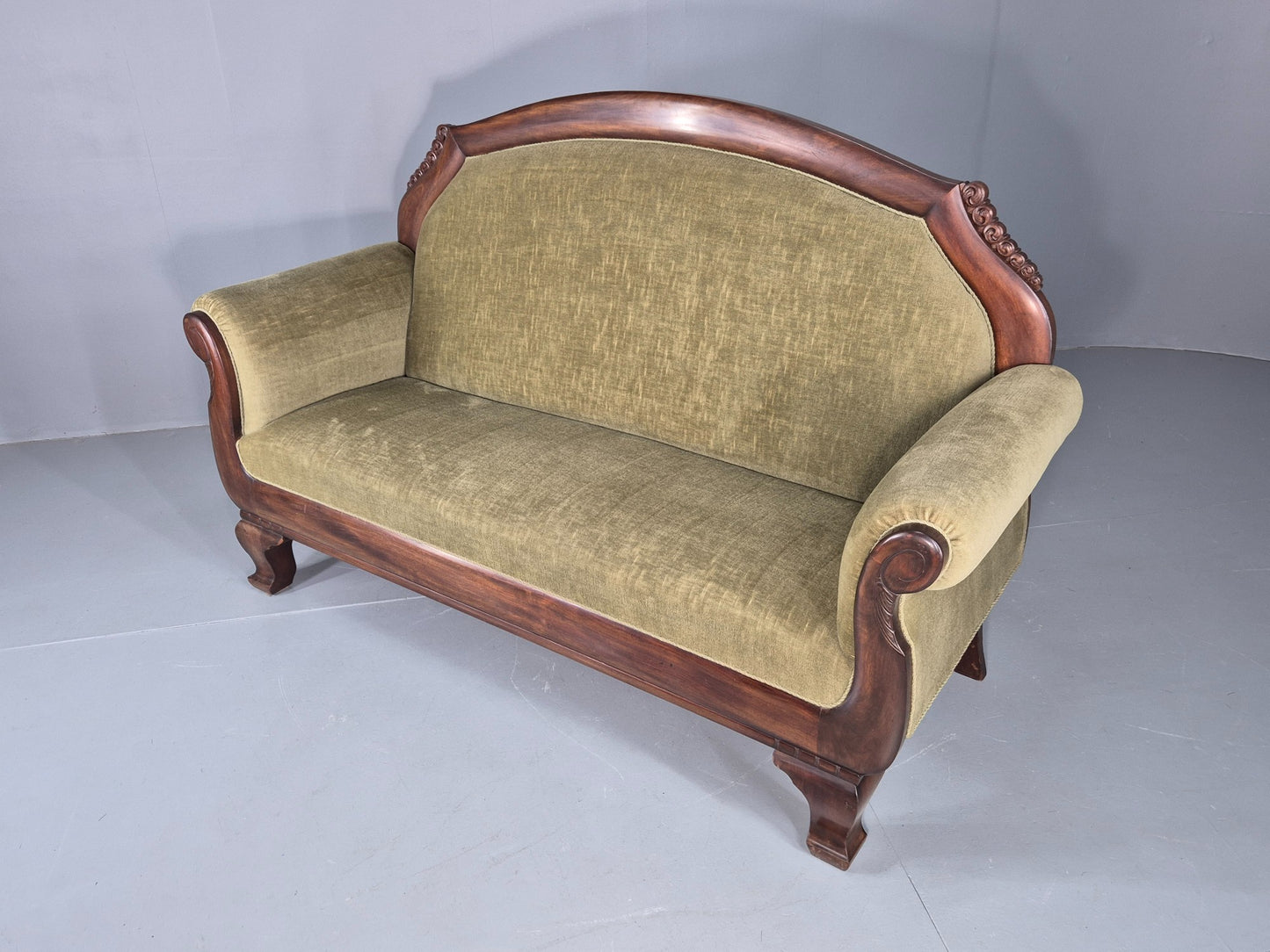 Antique 2 seater Sofa curved back rail Mahogany Exposed Frame 1900s EB12757