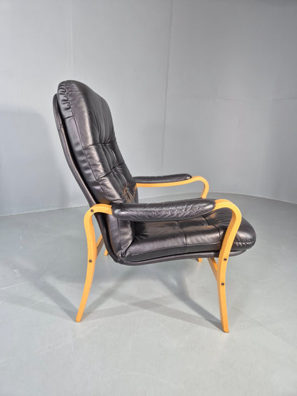 Vintage Danish Faux Leather Lounge Chair Bent Wood Frame 1980s Retro EB13074