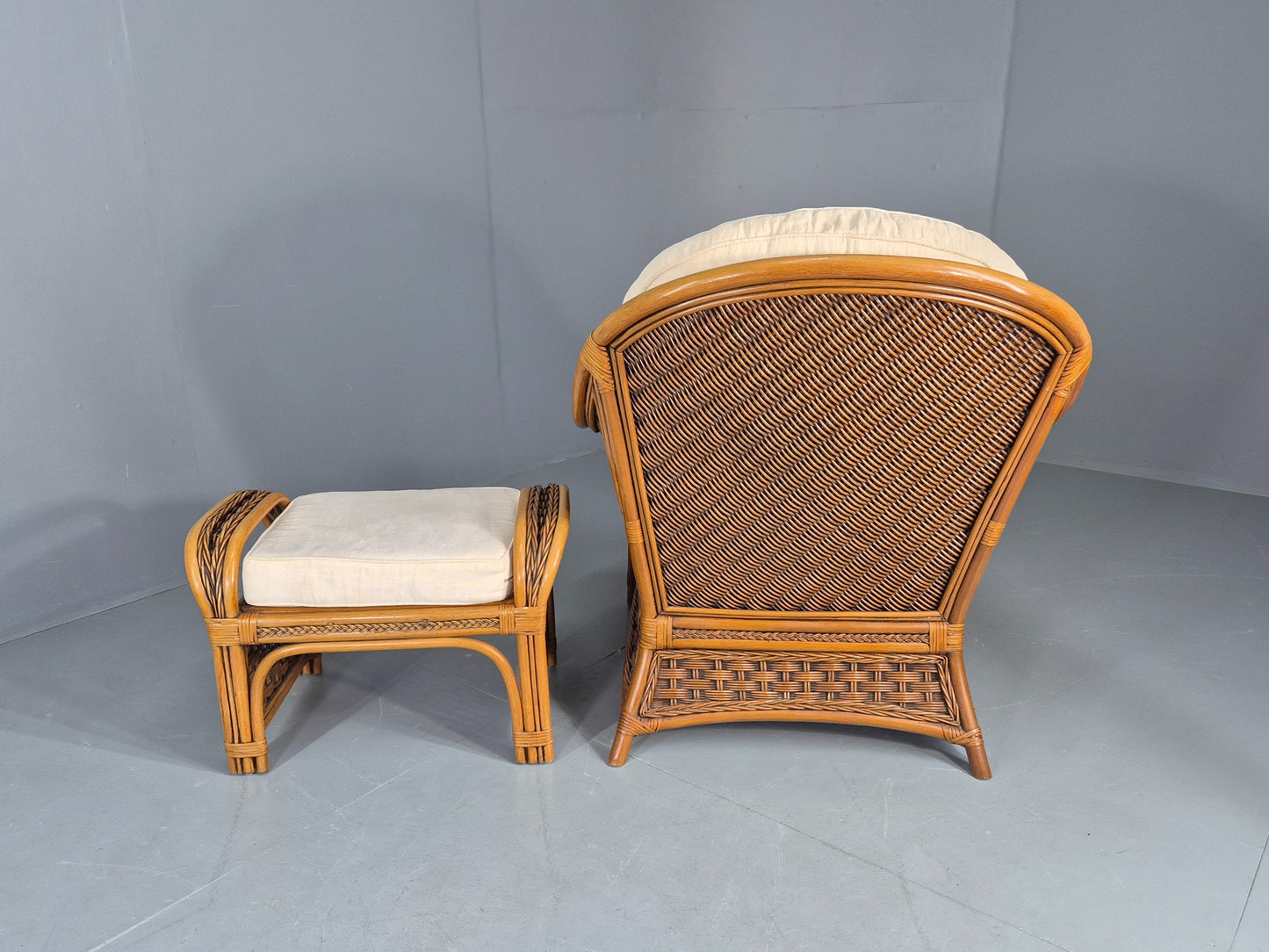 Vintage Bamboo and Rattan Chair and Footstool 1980s Retro Conservatory EB12808