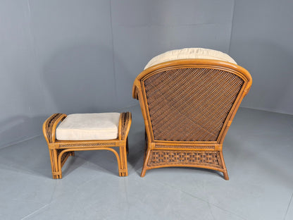 Vintage Bamboo and Rattan Chair and Footstool 1980s Retro Conservatory EB12808