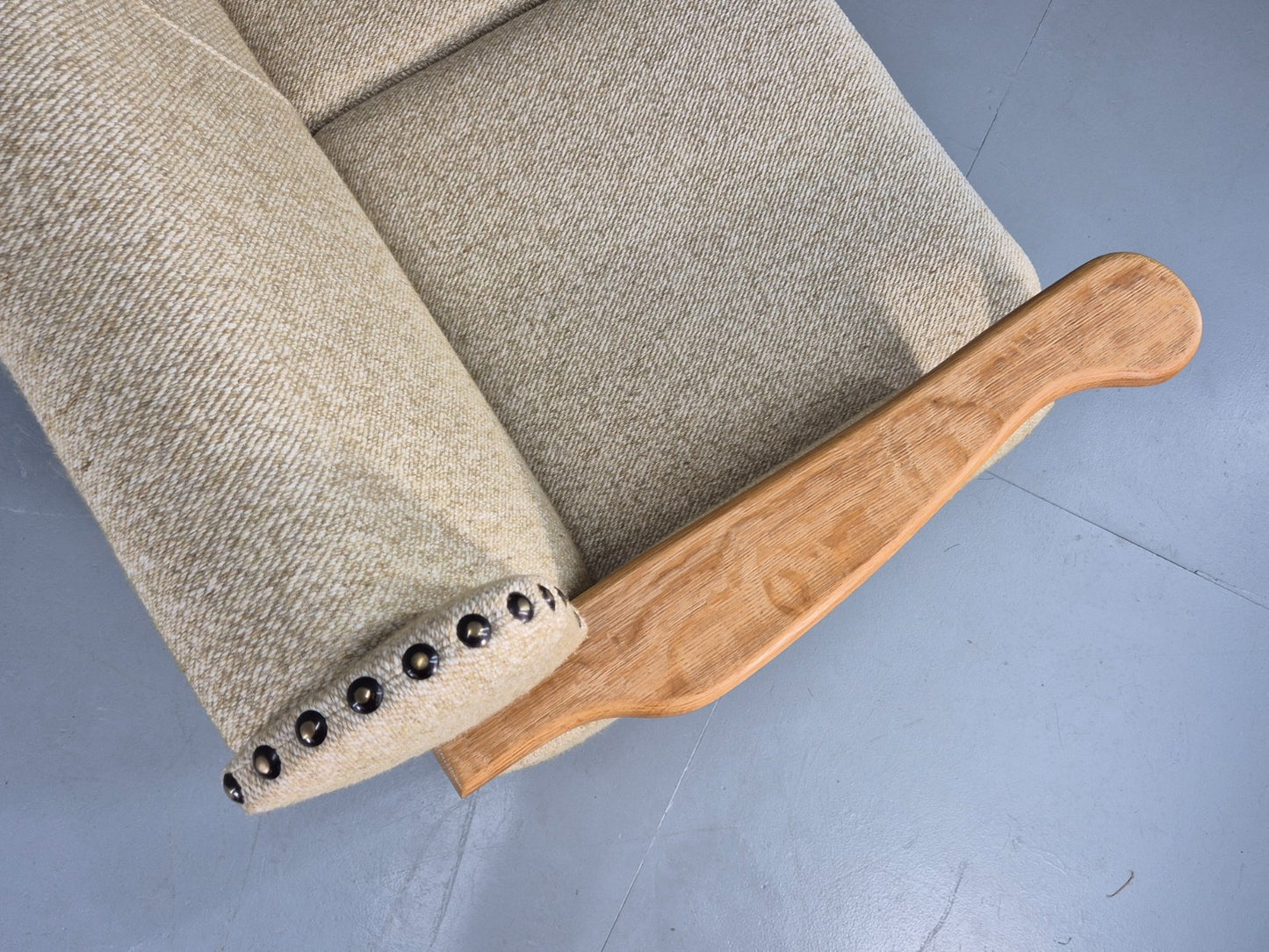 Vintage 3 Seat Sofa Danish 1970s Oak Frame Cream Wool Cloth Retro  EB12753