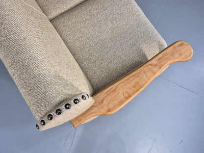 Vintage 3 Seat Sofa Danish 1970s Oak Frame Cream Wool Cloth Retro  EB12753