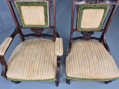 2 Antique Mahogany Saloon Chairs Green and Cream Upholstery Edwardian EB12792