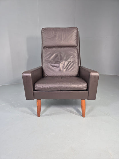 Vintage Danish Design Lounge Chair Brown Leather 1960s High Back MCM  EB13064