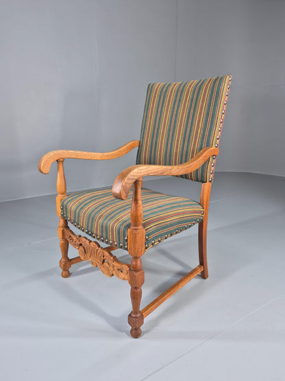 Vintage Danish Baroque Style Arm Chair Oak and Striped Wool 1960s  EB12460