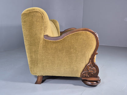 Vintage Danish 3 Seater Sofa 1940s Craved Oak Frame Shell Back Art Deco 12836