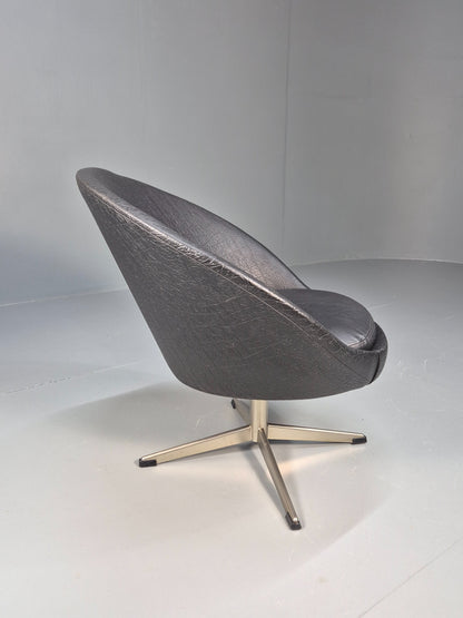 Vintage Mid Century Swivel Lounge Chair Black Vinyl 1970s Retro EB8790