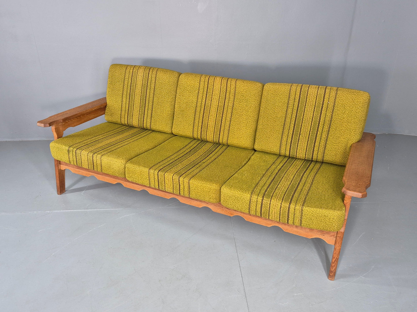 Vintage Danish 3 seater Sofa Oak Kjaenulf Green Cushions 1970s Retro EB12781