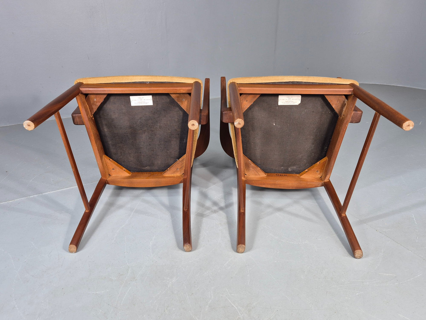 2 Vintage McIntosh Carver Dining Chairs Teak Frames Gold Velour Seats EB12181