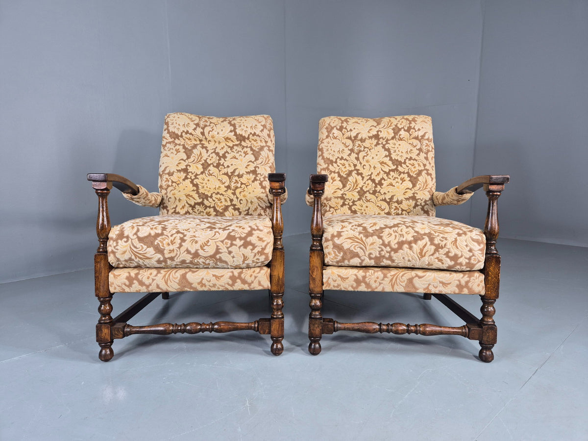 2 Utility Era Open Armed Lounge Chairs Wood Frames Floral Moquette 1940s EB12915