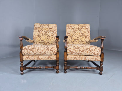 2 Utility Era Open Armed Lounge Chairs Wood Frames Floral Moquette 1940s EB12915
