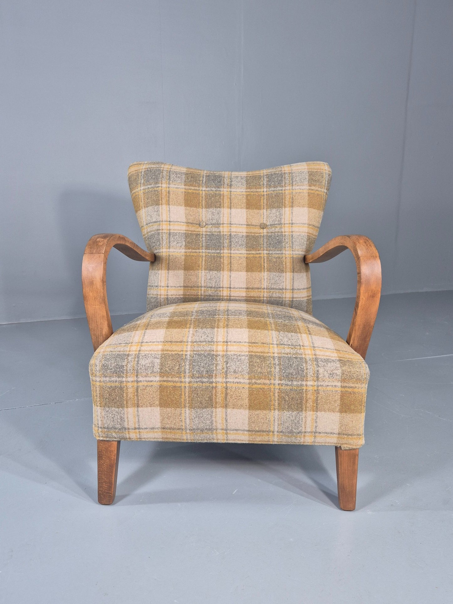 Vintage Danish Art Deco Open Armchair New Upholstery Snowshill Tartan EB12310
