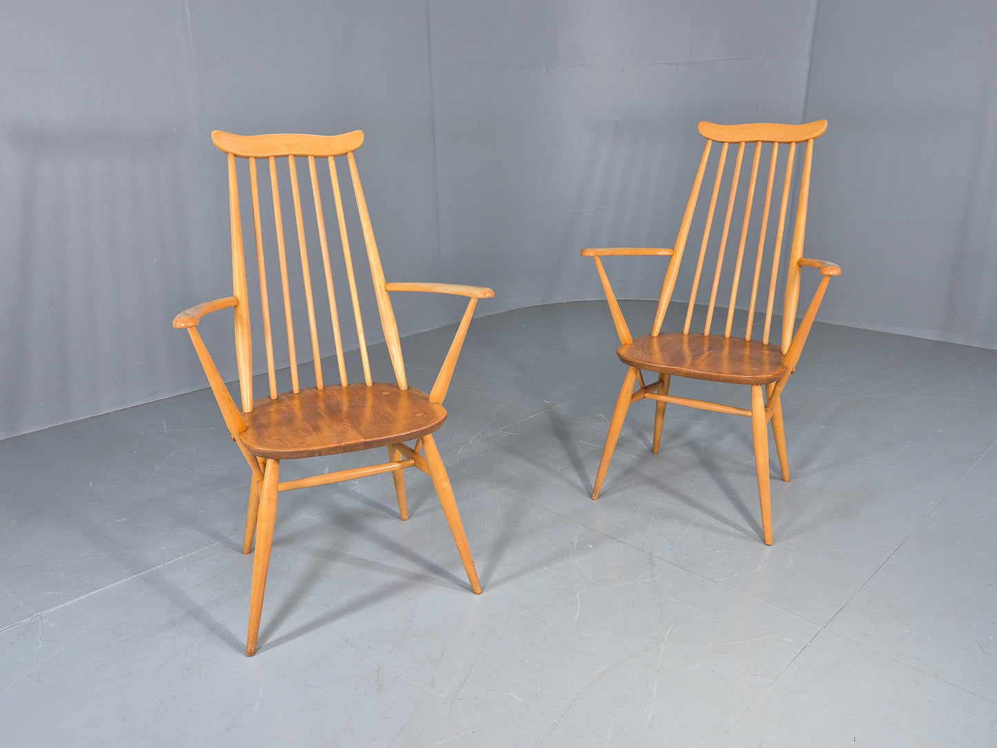 2 Ercol Goldsmith Elbow Chairs Blonde Wood 1960s Retro MCM  EB12544