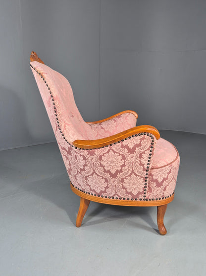 Vintage Danish Rococo Style Arm Chair Pink Floral Damask 20th Century EB12704