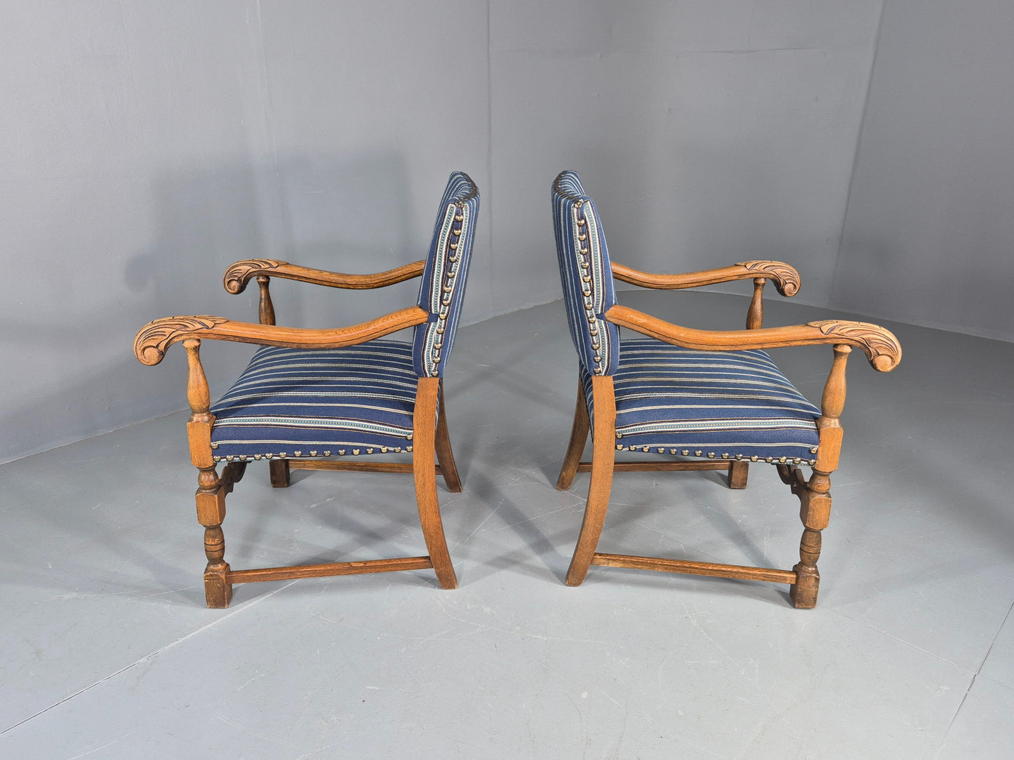 2 Vintage Danish Baroque Style Oak 1950s Elbow Chairs Blue Wool Stripe EB12647