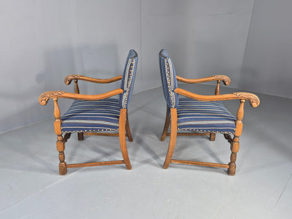 2 Vintage Danish Baroque Style Oak 1950s Elbow Chairs Blue Wool Stripe EB12647