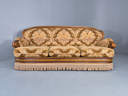 Vintage Danish 1970s 3 seater Sofa Gold Floral Upholstery Hardwood Frame EB12743