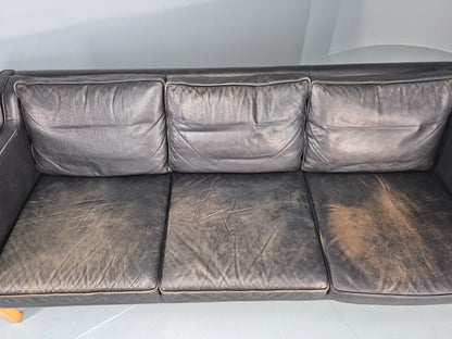 Danish Mid-Century 3-Seater Black Leather Sofa — Vintage Mogensen Style, Solid Wood Frame
