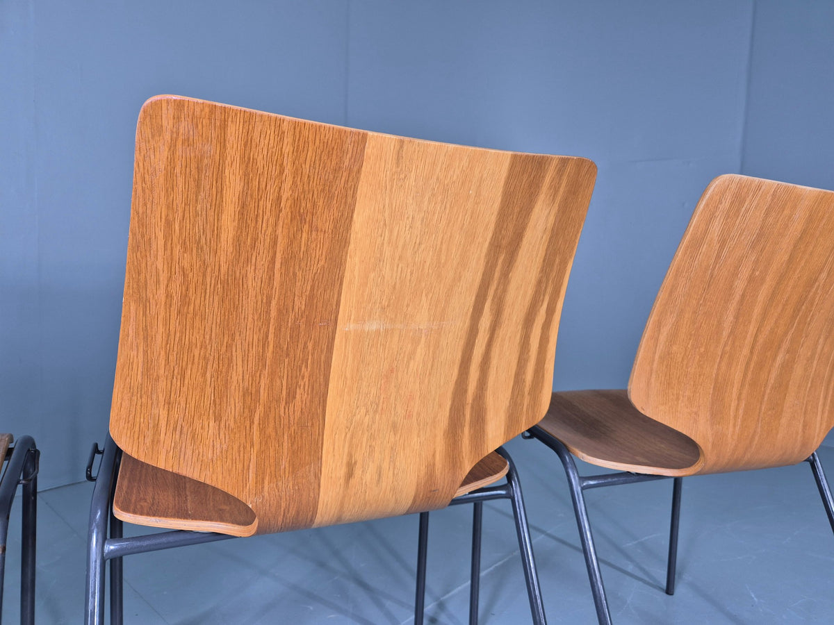 4 Vintage Stacking Chairs Industrial Danish Design Bent Ply Retro MCM EB12660