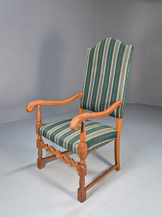 Baroque Style Throne Armchair Oak Frame Wool Stripe Upholstery EB08988