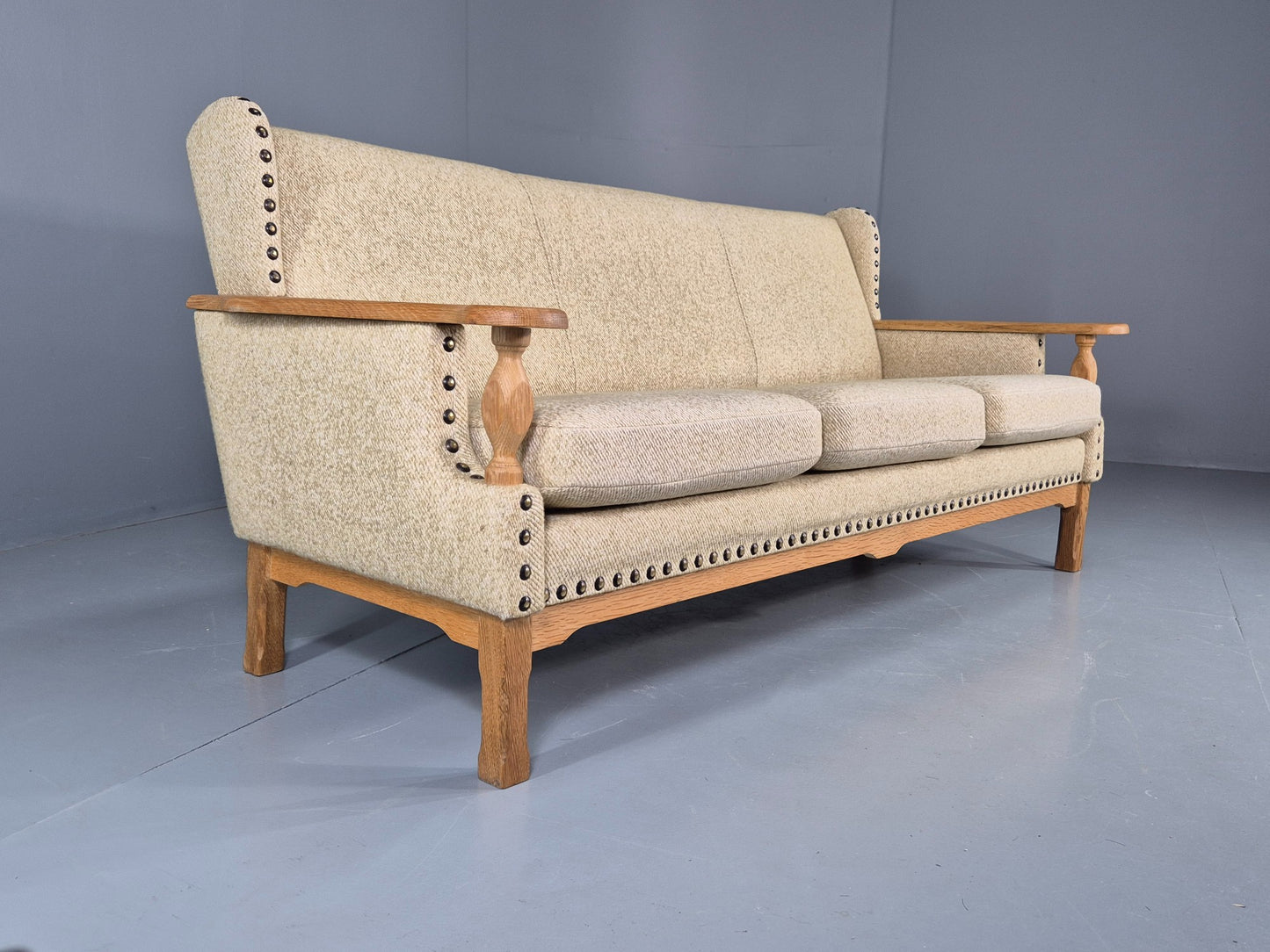 Vintage 3 Seat Sofa Danish 1970s Oak Frame Cream Wool Cloth Retro  EB12753