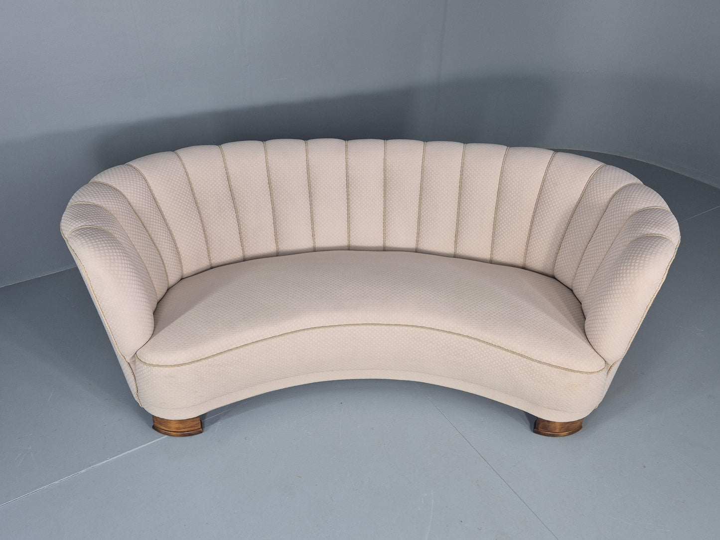 Vintage Danish Banana Sofa Art Deco 3 Seater Cream Cotton Upholstery EB12396