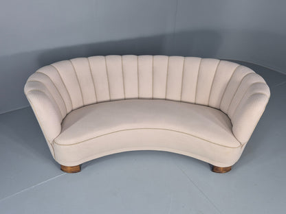 Vintage Danish Banana Sofa Art Deco 3 Seater Cream Cotton Upholstery EB12396