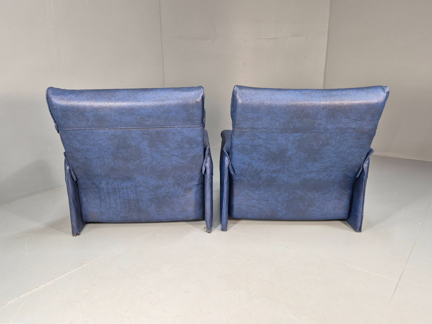 Vintage Saporiti Italian Lounge Chairs Pair Blue Vinyl Retro EB9844
