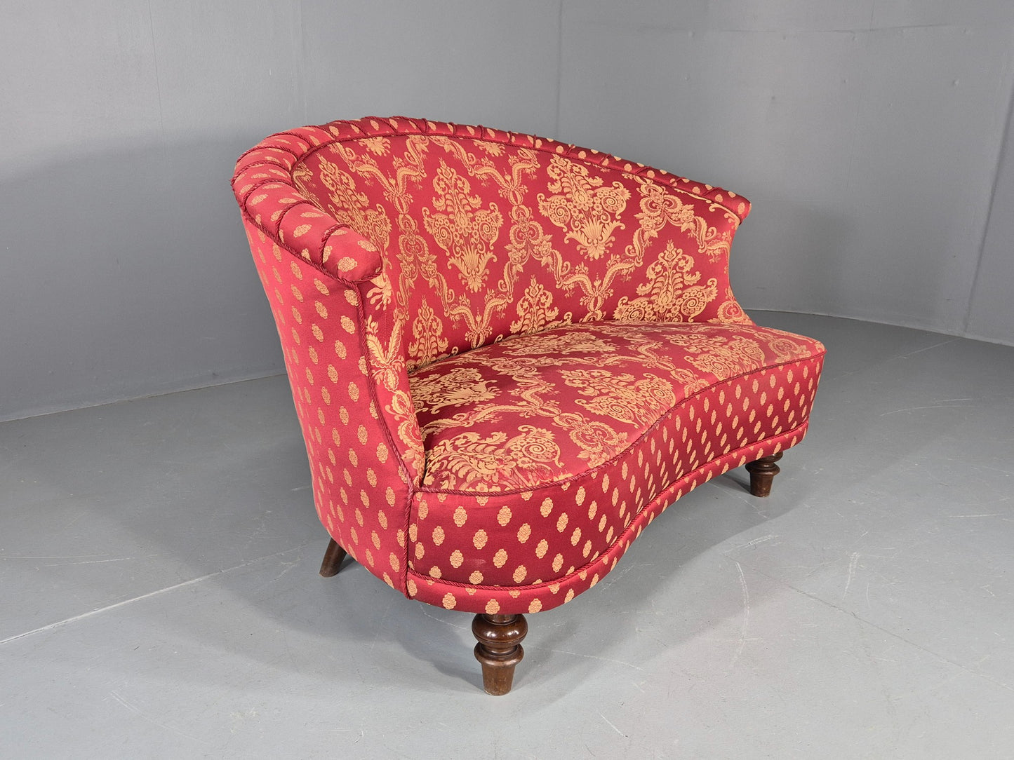 Antique 2 Seat Sofa Danish Serpentine curved Form Red Damask 1900s EB12754