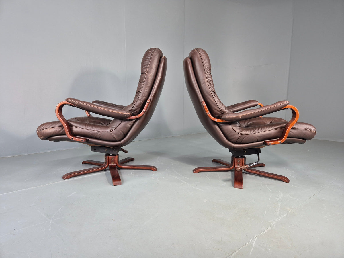 2 Vintage Danish Lounge Chairs Swivel Recline Leather Mid Century Retro EB13093
