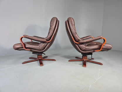 2 Vintage Danish Lounge Chairs Swivel Recline Leather Mid Century Retro EB13093