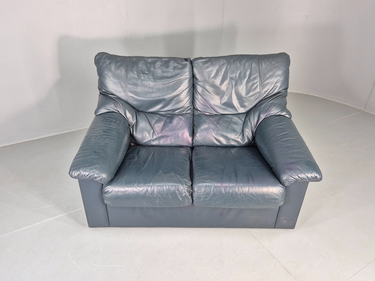 Vintage 2 Seater Leather Settee 1980s Style Dark Green Retro EB12784