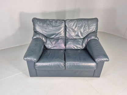 Vintage 2 Seater Leather Settee 1980s Style Dark Green Retro EB12784