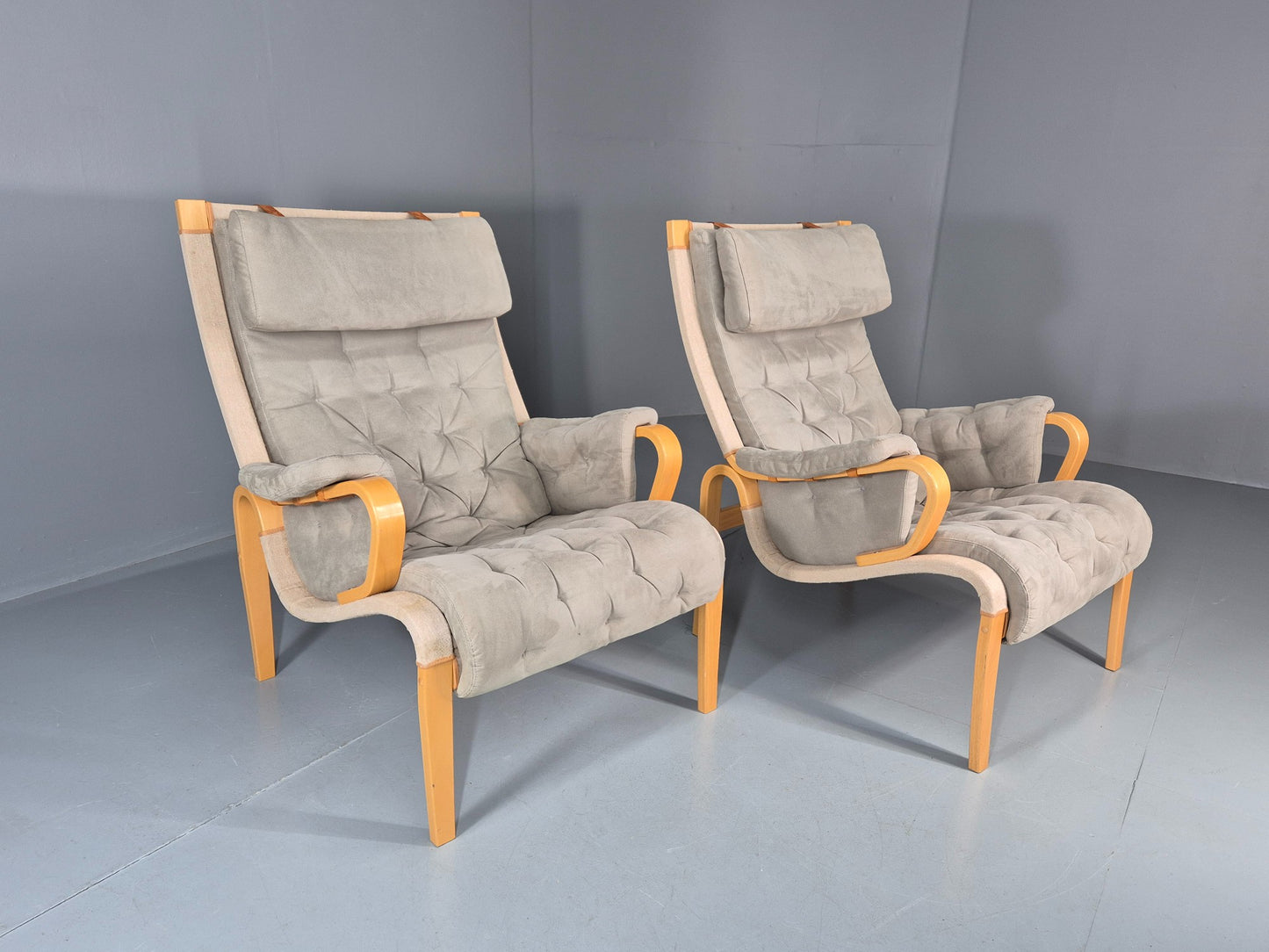 2 Pernilla Lounge Chairs Sweden Vintage Bruno Mathsson Blue Grey EB11336