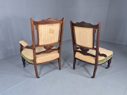 2 Antique Mahogany Saloon Chairs Green and Cream Upholstery Edwardian EB12792