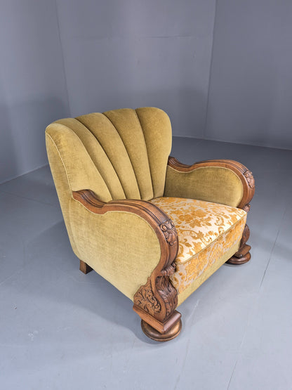 Vintage Danish Art Deco Lounge Chair Carved Oak Frame 1940s Green Floral EB12839