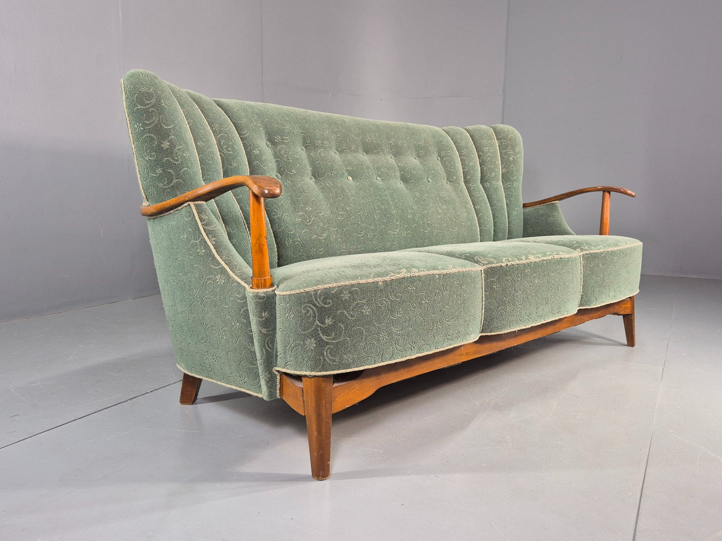Danish 1950s 3 seater Sofa Shell Back Green Moquette Curved Front EB12768
