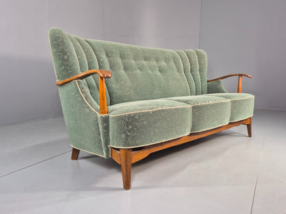 Danish 1950s 3 seater Sofa Shell Back Green Moquette Curved Front EB12768