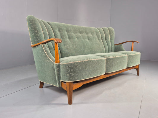 Danish 1950s 3 seater Sofa Shell Back Green Moquette Curved Front EB12768