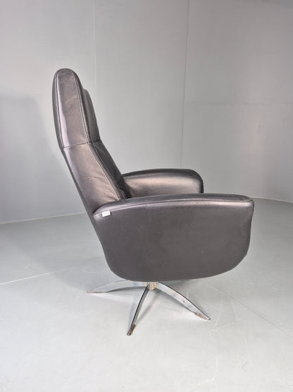 Vintage Hjort Knudsen Black Leather and Chrome Swivel Lounge Chair Retro EB13083