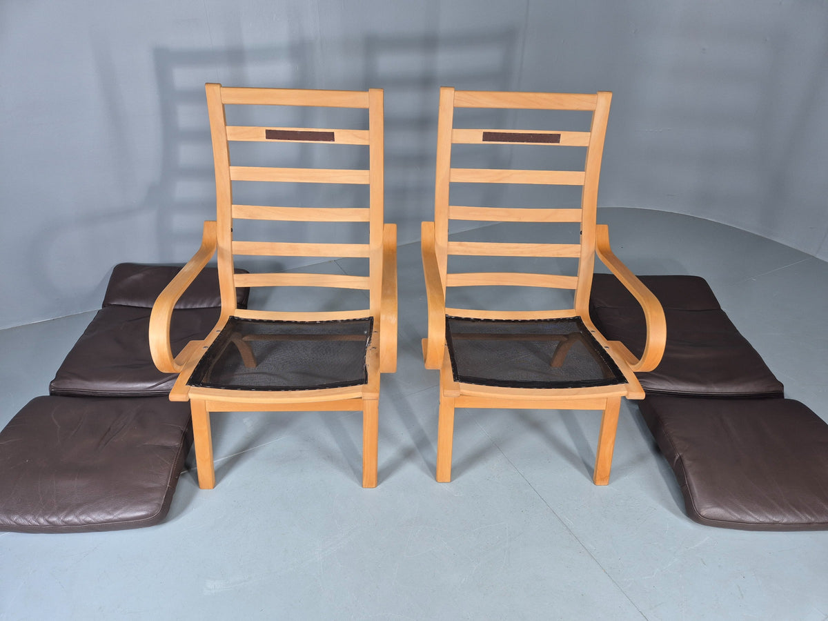 2 Vintage Danish Leather Lounge Chairs Bent Wood Frames 1980s Retro EB13073