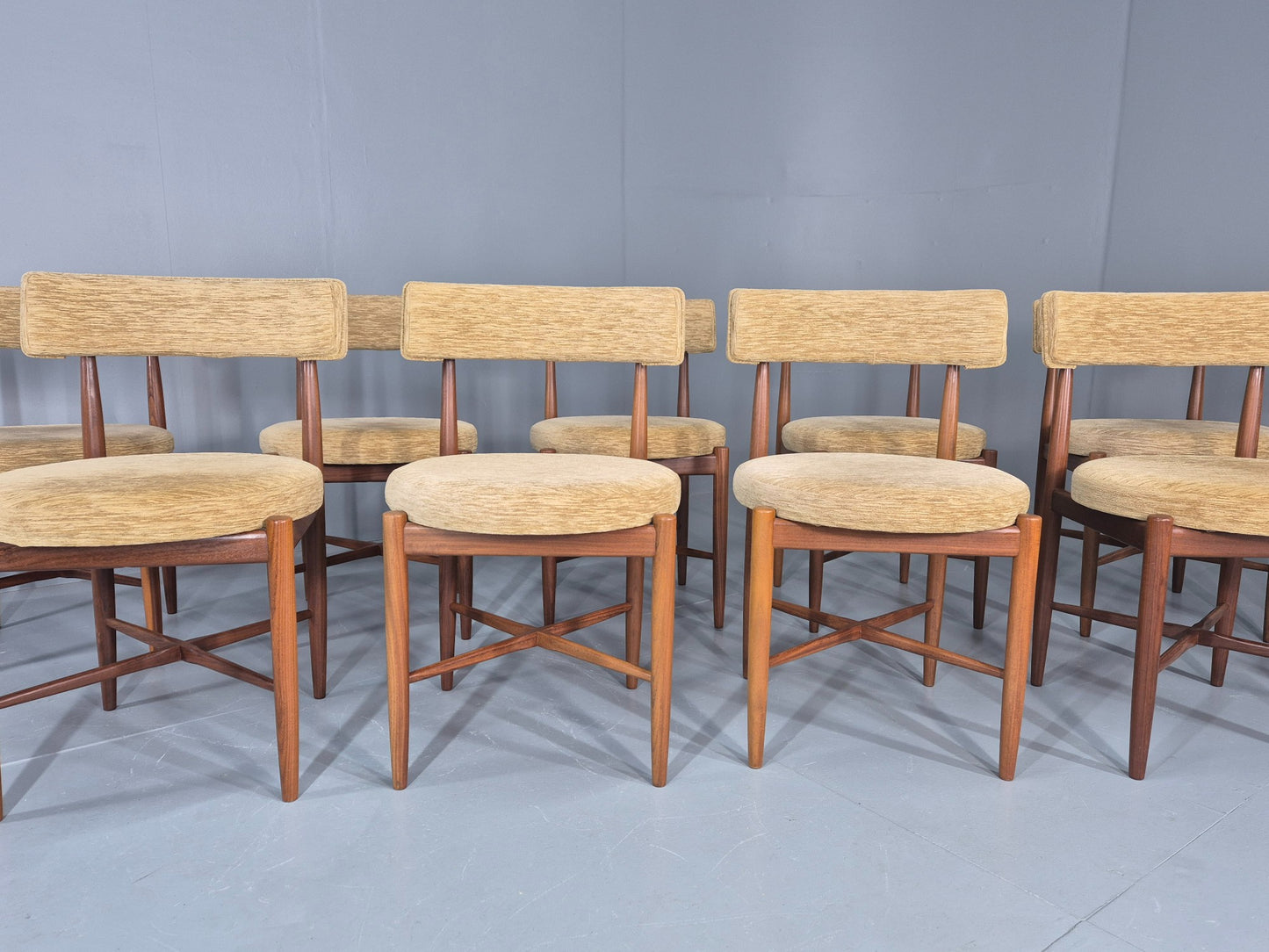 10 Vintage G Plan Dining Chairs Circle Seat Model Teak Frames Chenille EB12027