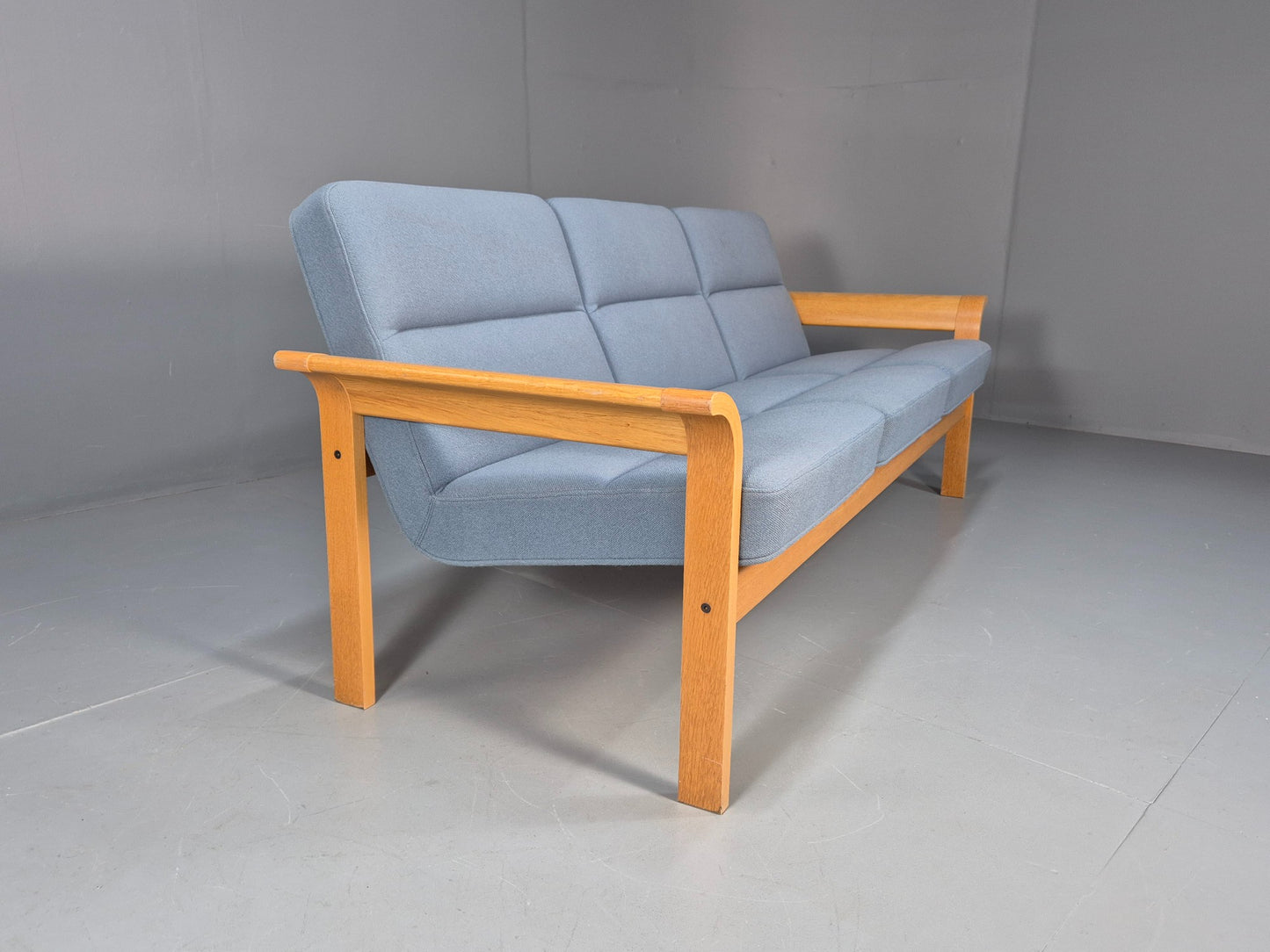 Vintage Danish Magnus Olesen Sofa Oak and Blue Wool 1970s EB9377 M3SS