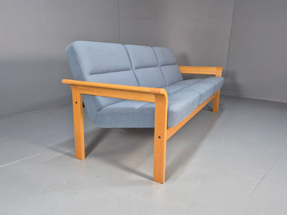 Vintage Danish Magnus Olesen Sofa Oak and Blue Wool 1970s EB9377 M3SS
