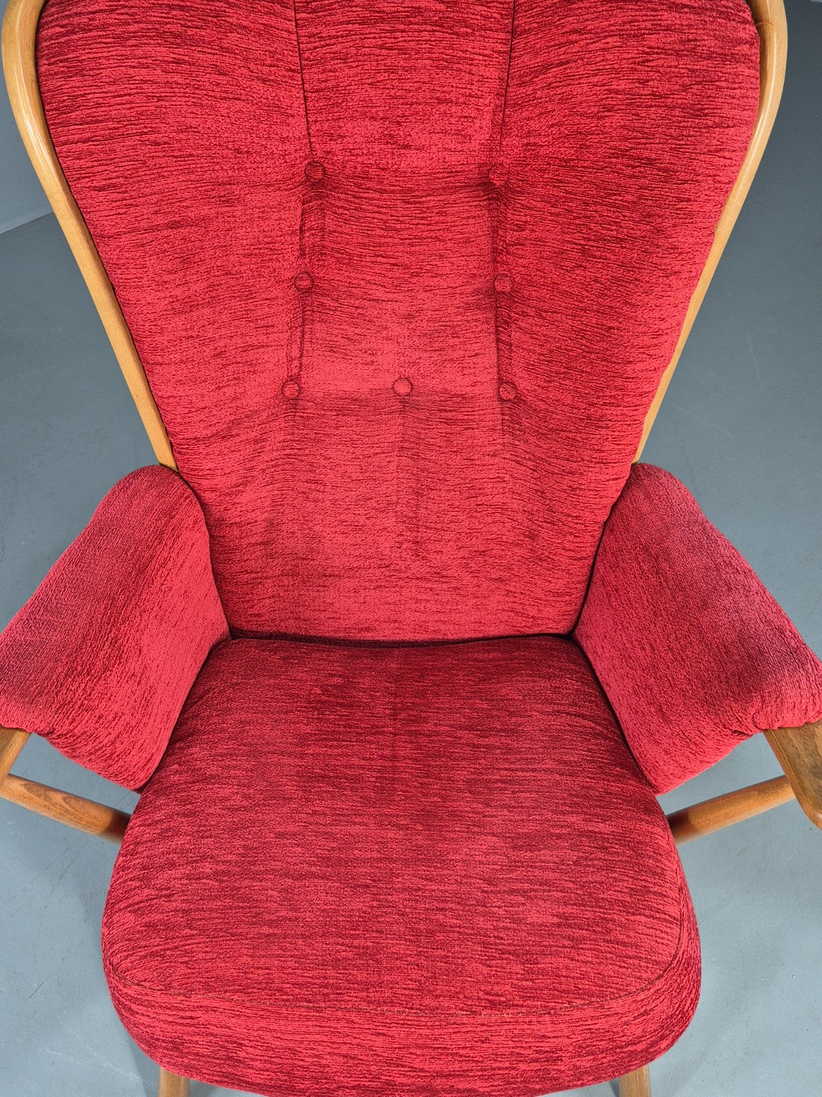 Ercol Evergreen Vintage Lounge Chair High Back Red Chenille Retro EB12859