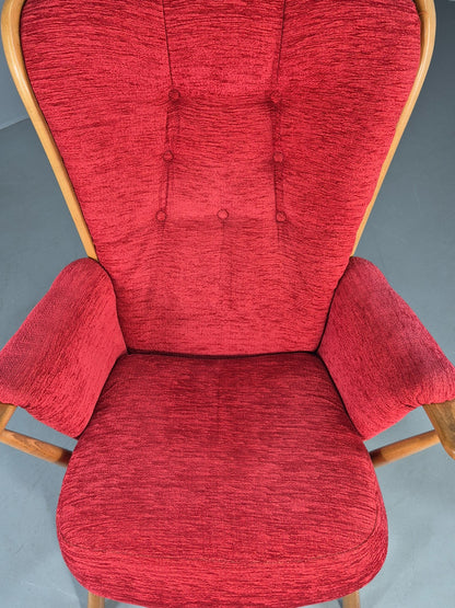 Ercol Evergreen Vintage Lounge Chair High Back Red Chenille Retro EB12859