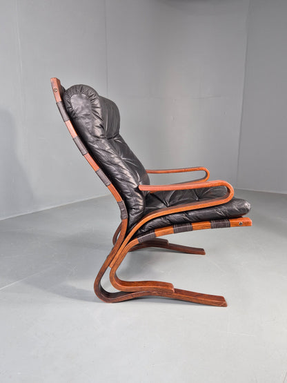 Vintage Mid Century Lounge Chair Black leather Skyline Model 1970s Retro EB12126