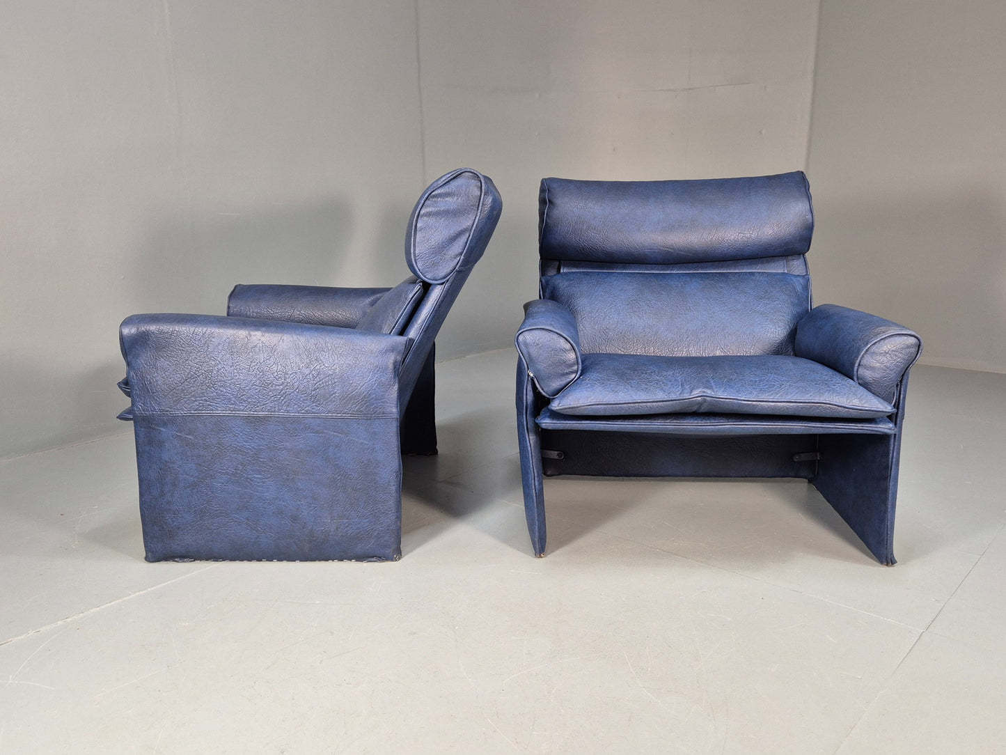Vintage Saporiti Italian Lounge Chairs Pair Blue Vinyl Retro EB9844